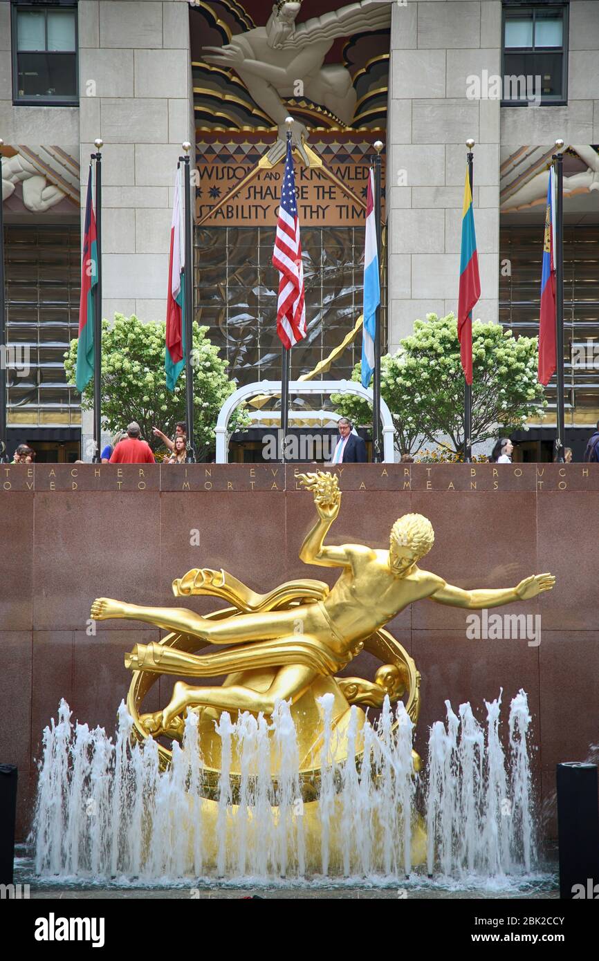 New York, USA August 23, 2018 The golden Prometheus statue (ancient