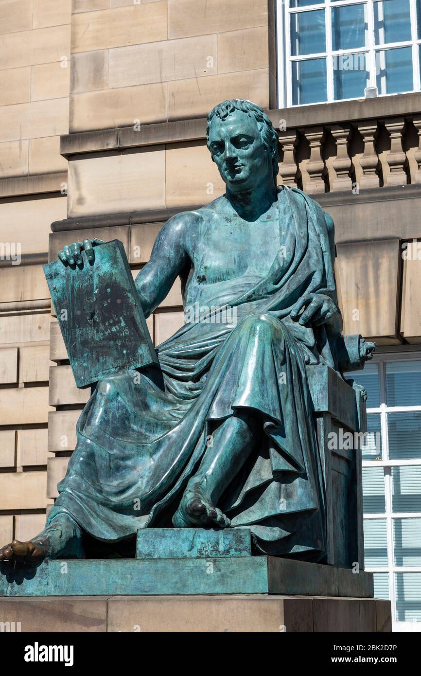 Statue of David Hume outside the High Court of Justiciary on Lawnmarket in Edinburgh Old Town, Scotland, UK Stock Photo