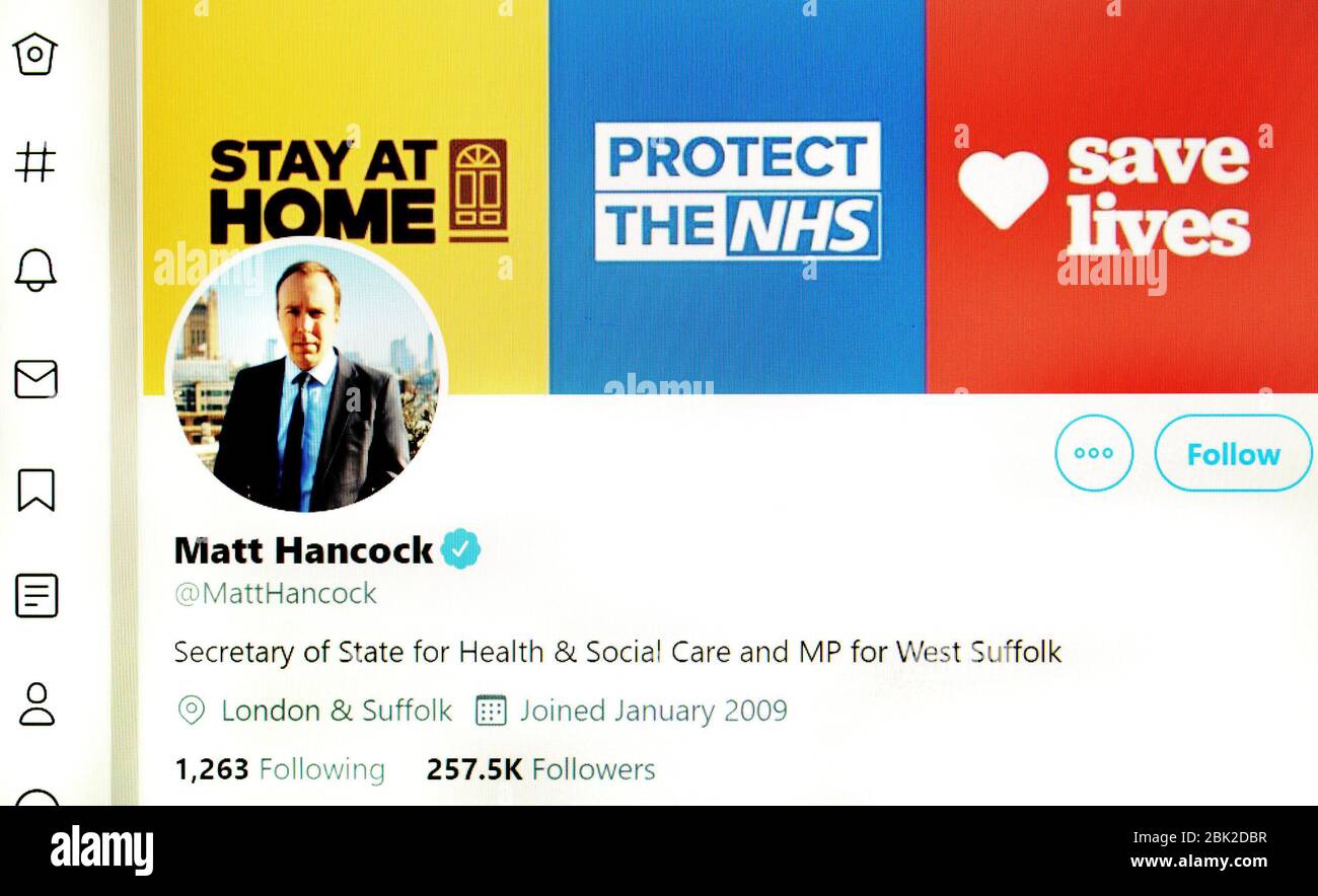 Twitter page (May 2020) : Matt Hancock, Health Minister Stock Photo