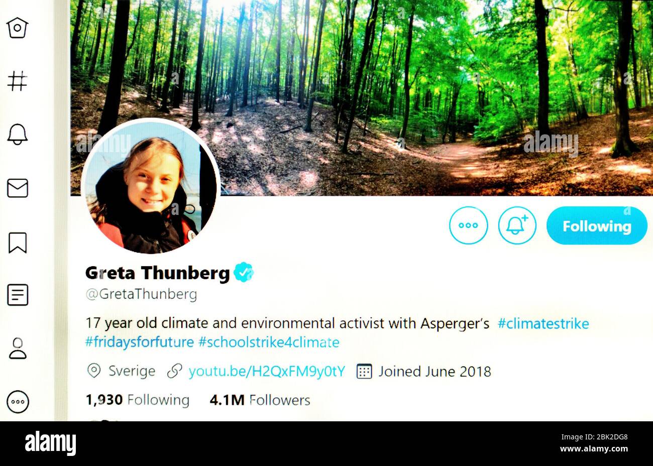 Twitter page (May 2020) : Greta Thunberg - 17 yr old climate and environmental activist Stock Photo