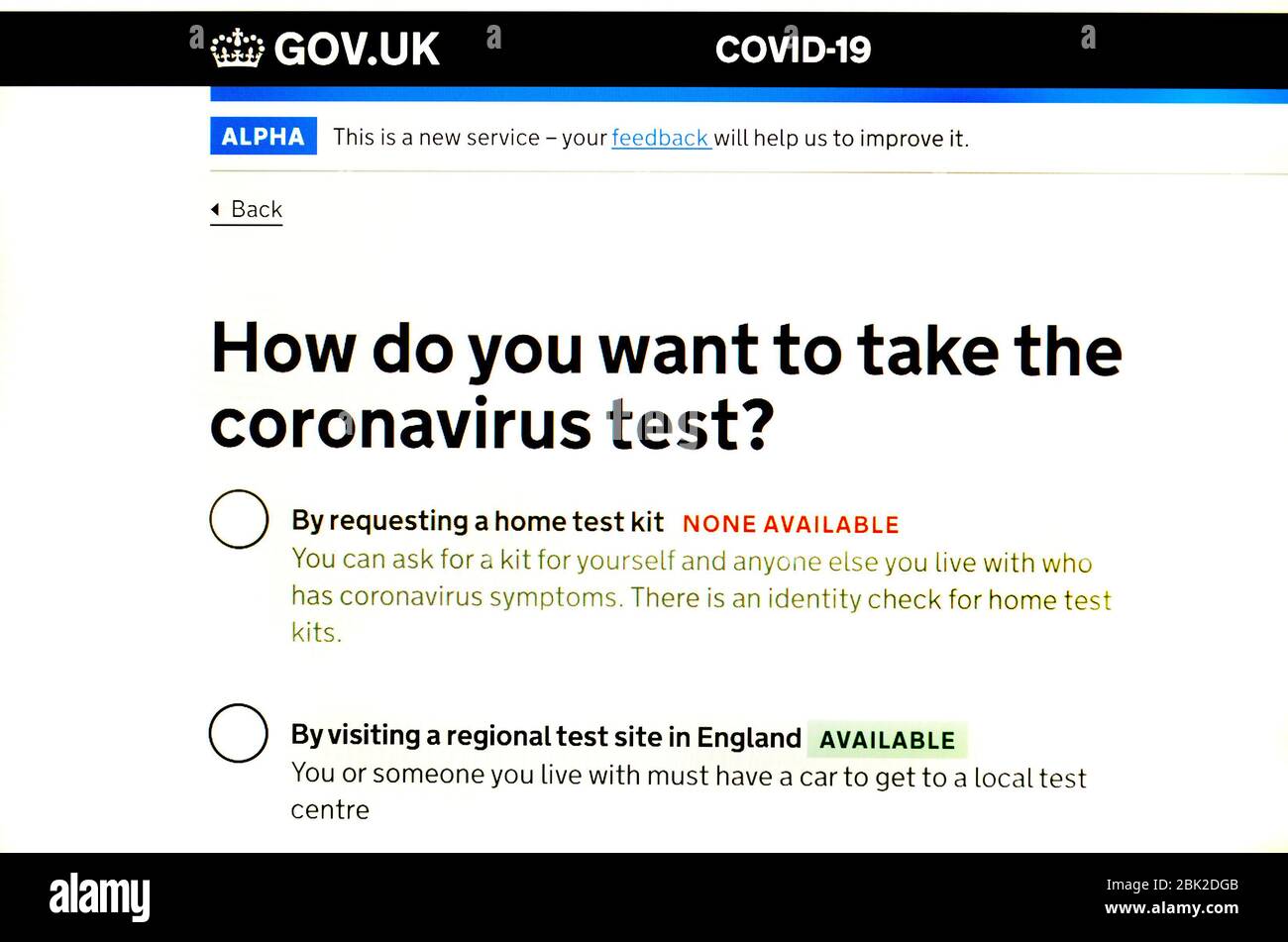 UK Government website page for applications to take the Coronovirus test Stock Photo