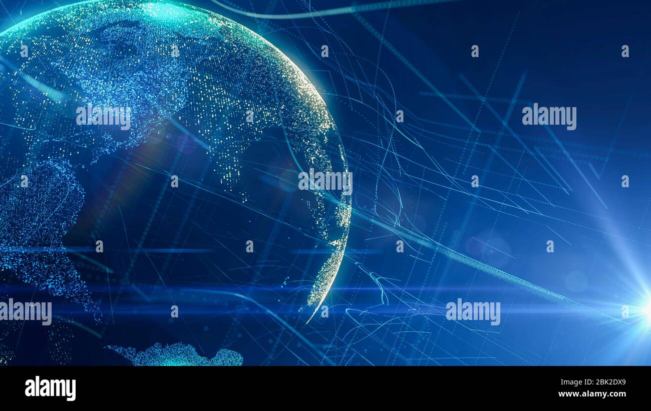 Digital Globe Cyber network with lens flare effect.Abstract World Map Business Background.Modern digital  global connectivity Stock Photo