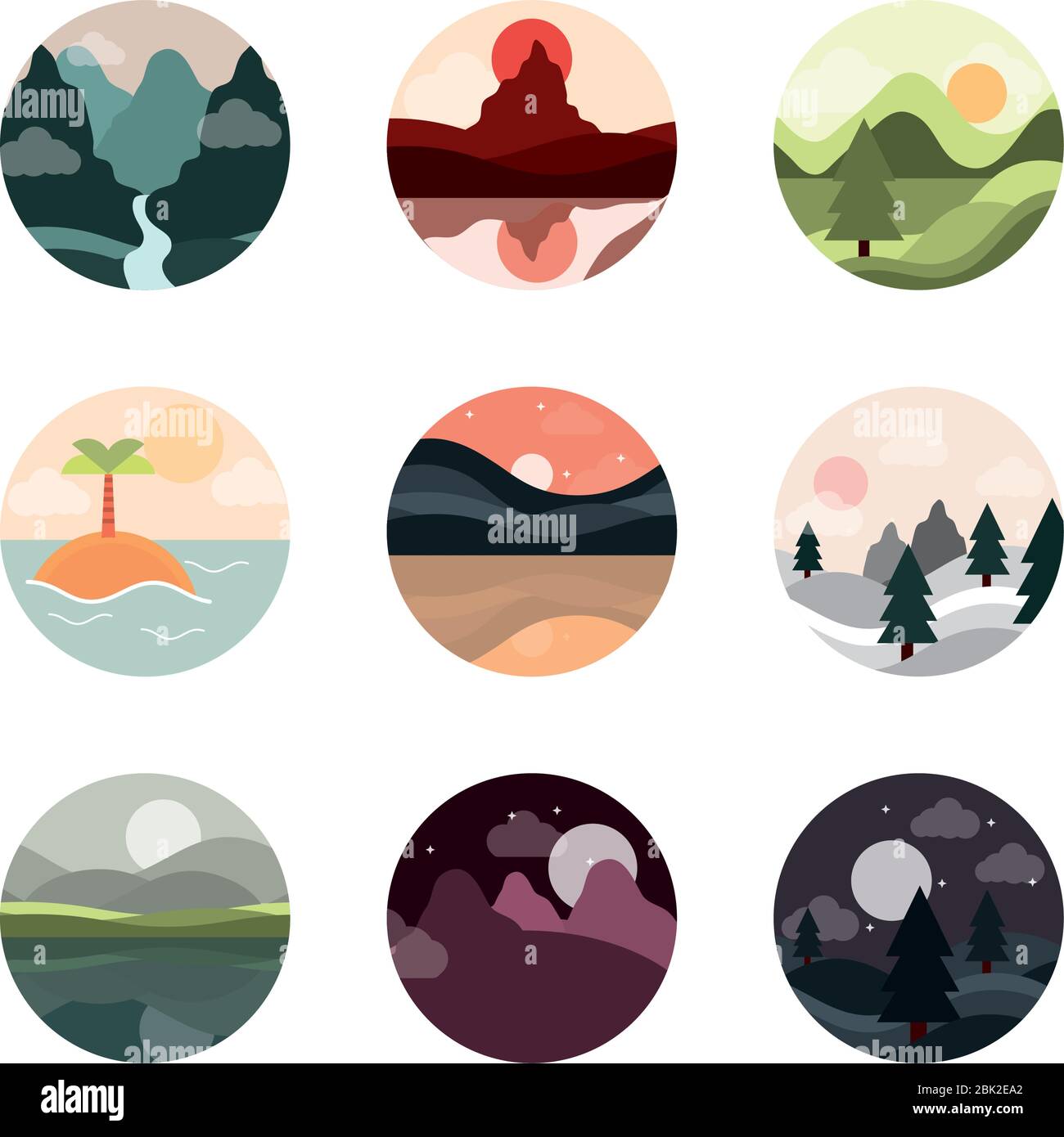 Download Landscape Nature Mountains Ocean And Forest In Circle Icons Set Vector Illustration Flat Style Icon Stock Vector Image Art Alamy