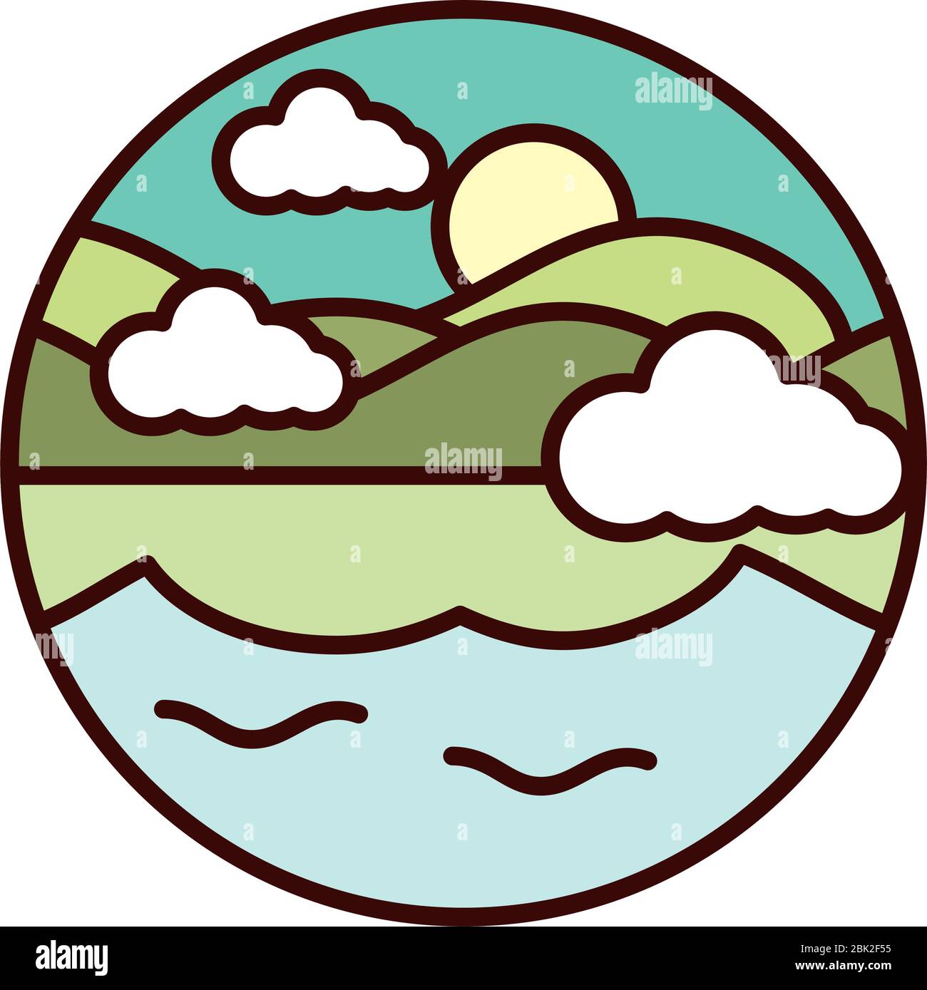 landscape nature lake sun and mountains vector illustration line and ...