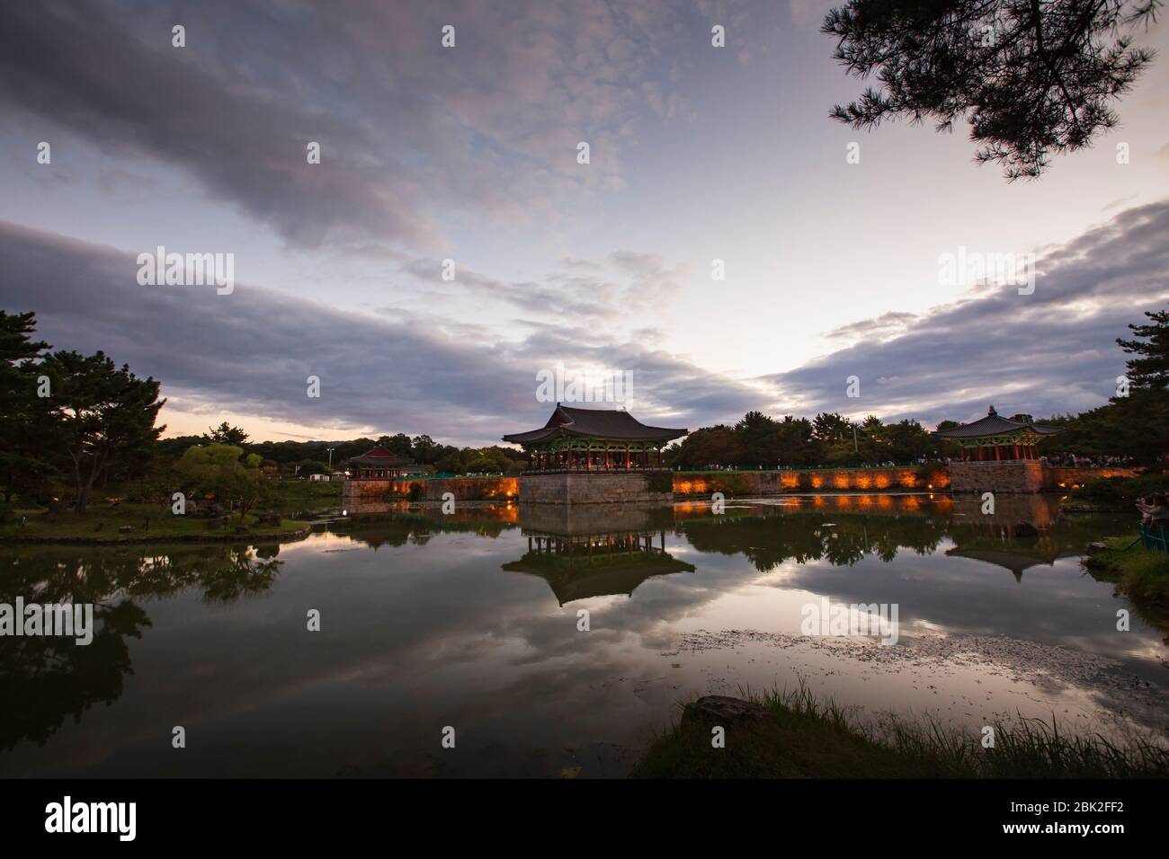 beautiful night view of Donggung and Wolji(Anapji pond) with cloudy sky in Gyeongju, Korea,  03 Oct 2019 Stock Photo