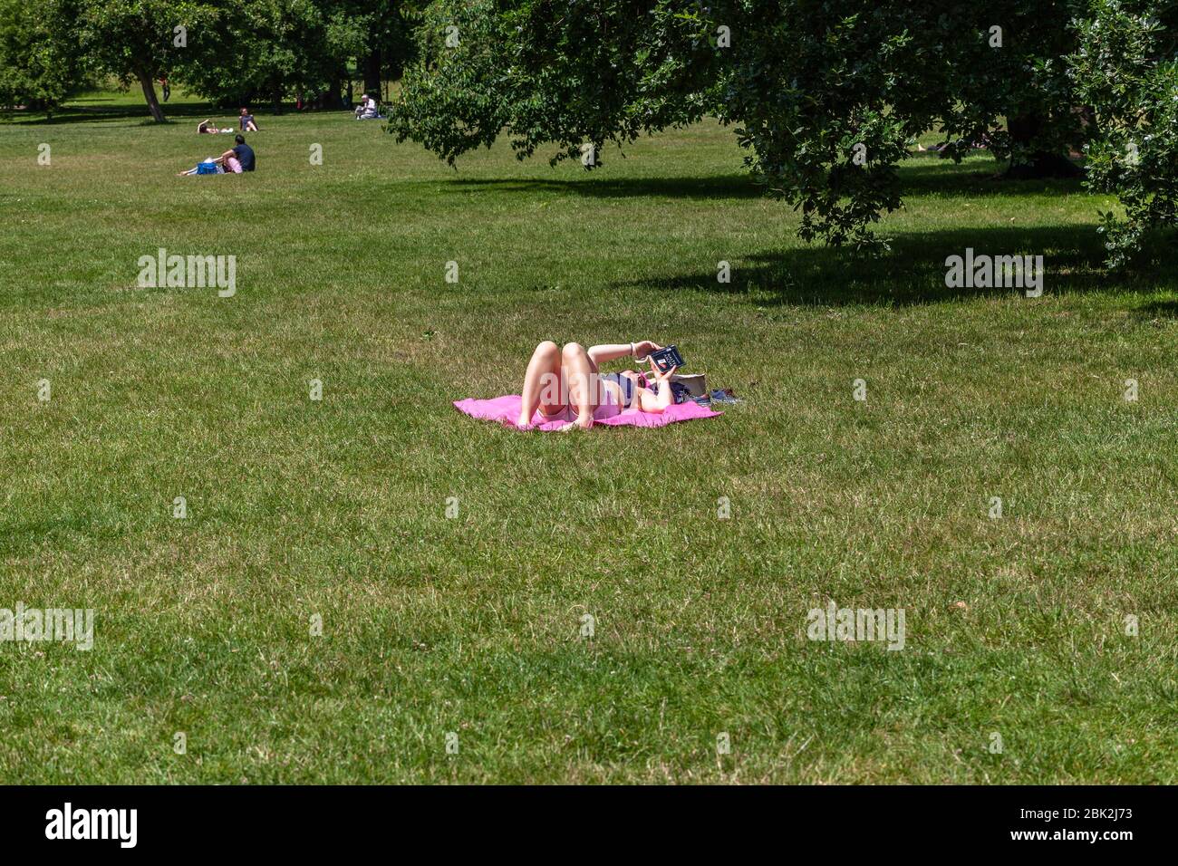 Portrait of a young woman lying on a green lawn at a park, London, England, UK. Stock Photo