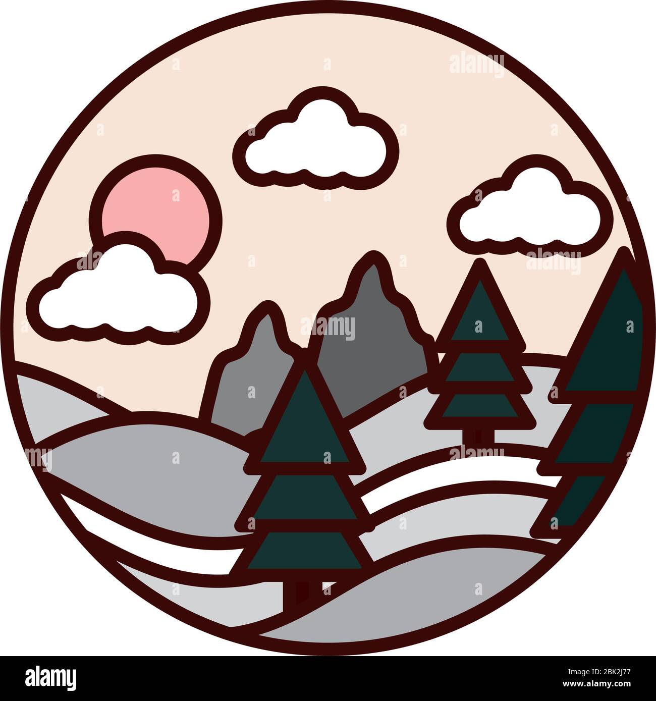 landscape nature hills pine trees forest sun vector illustration line ...