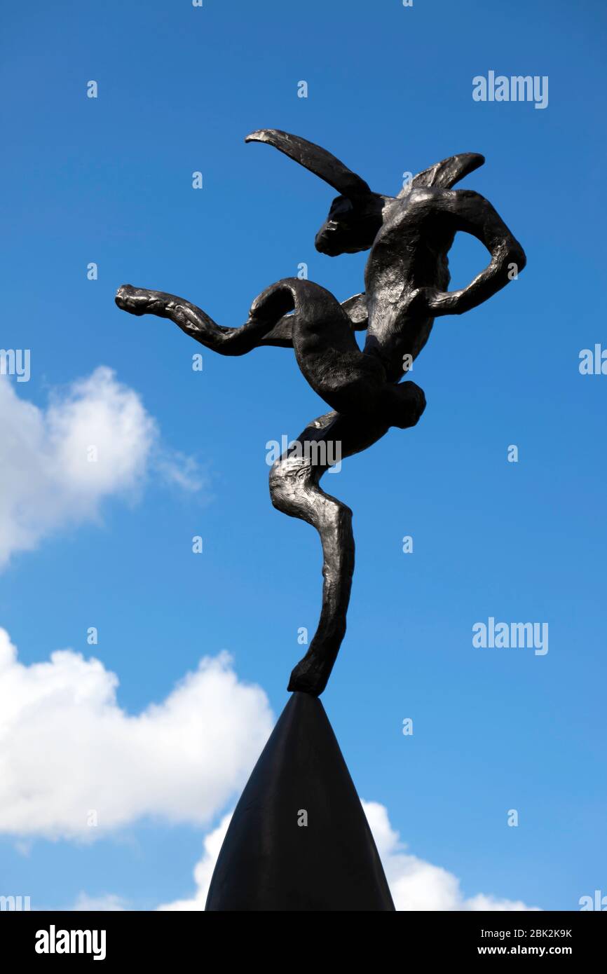 Close-up of 'Large Nijinski on Anvil Point, by Barry Flanagan,  Part of the Artziud Amsterdam Sculpture Biennial. Stock Photo