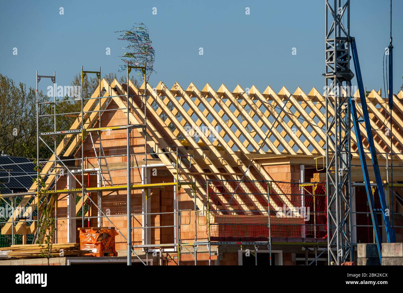 New construction of a single family house, shell, with roof truss, Niederrhein, Germany, Stock Photo