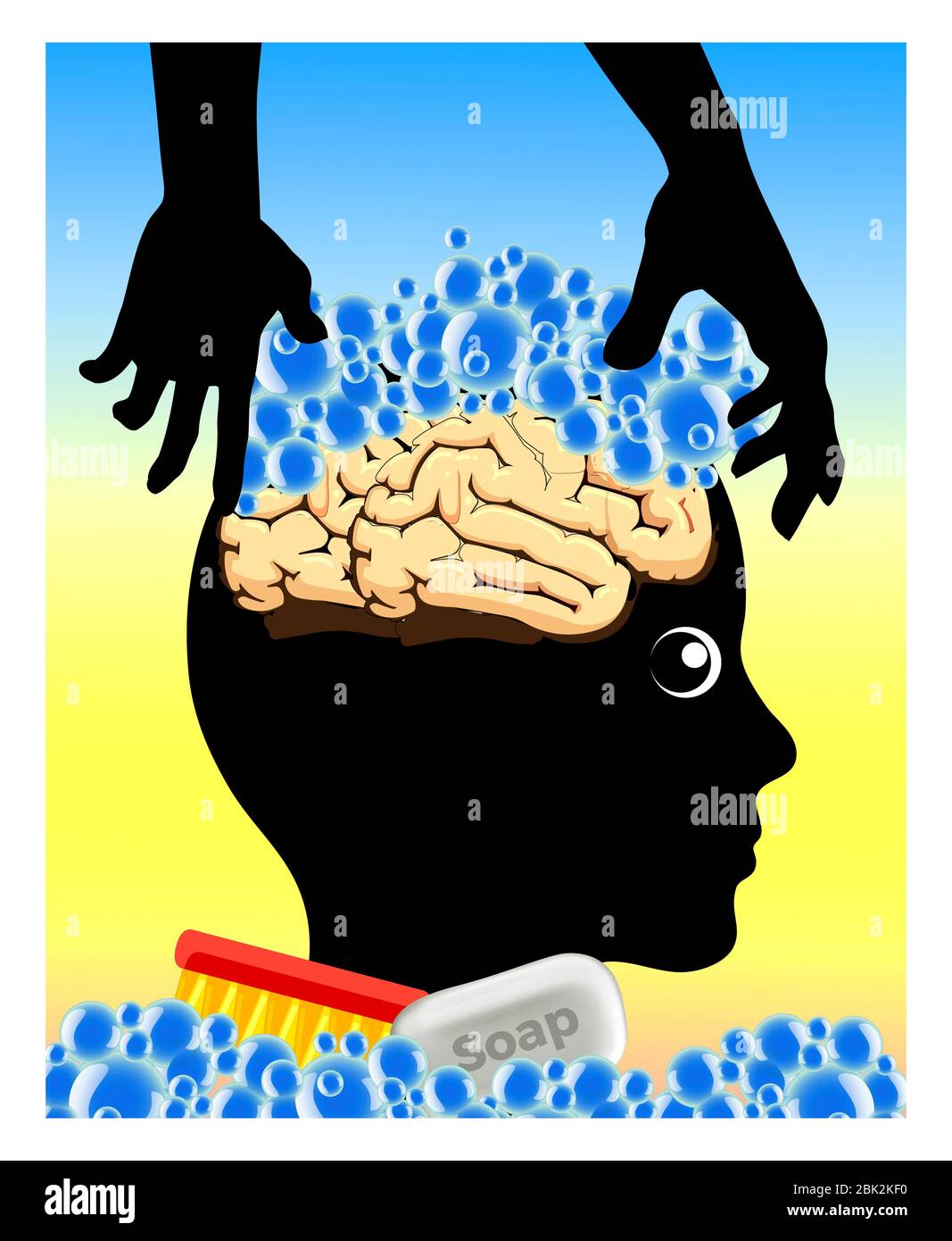 Caricature and metaphor of how the thoughts of people can get manipulated Stock Photo