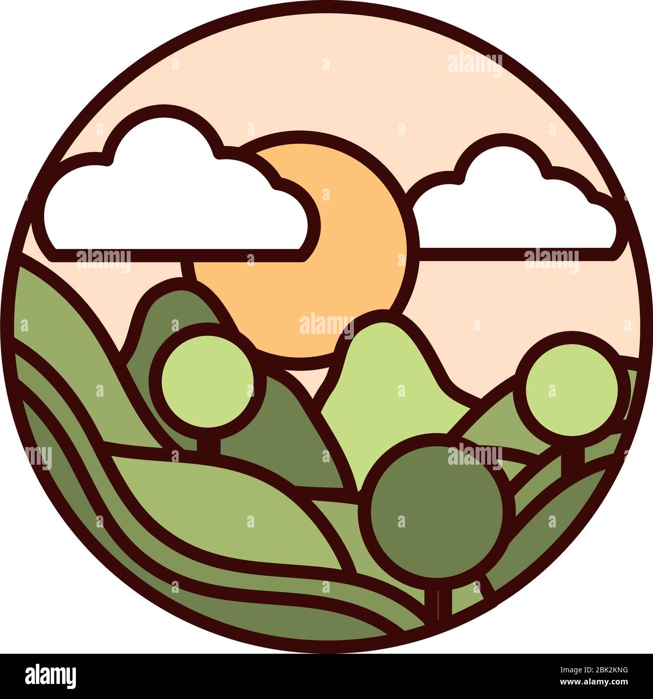 landscape nature mountains round trees forest sun vector illustration ...