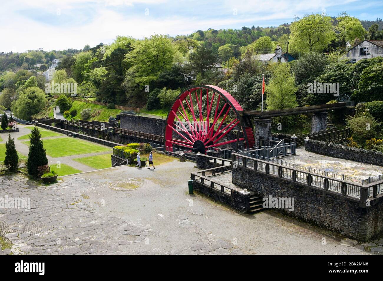 Laxey Valley Gardens in old Snaefell Mine workings with waterwheel, Lady Evelyn. Laxey, Isle of Man, British Isles Stock Photo