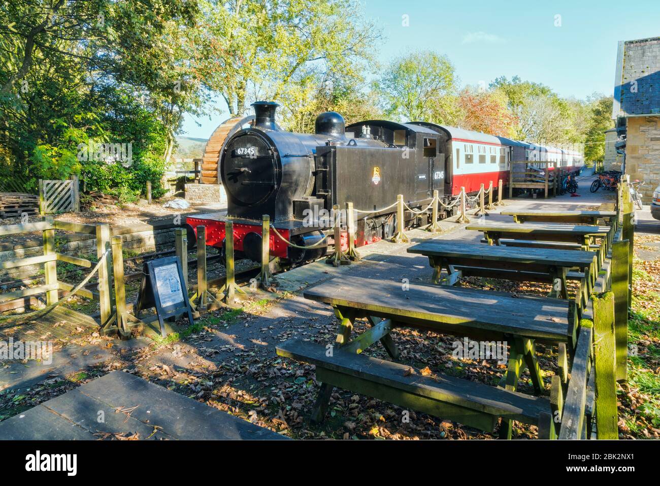 Wensleydale heritage railway station and engine, Hawes village, Yorkshire, England, UK Stock Photo