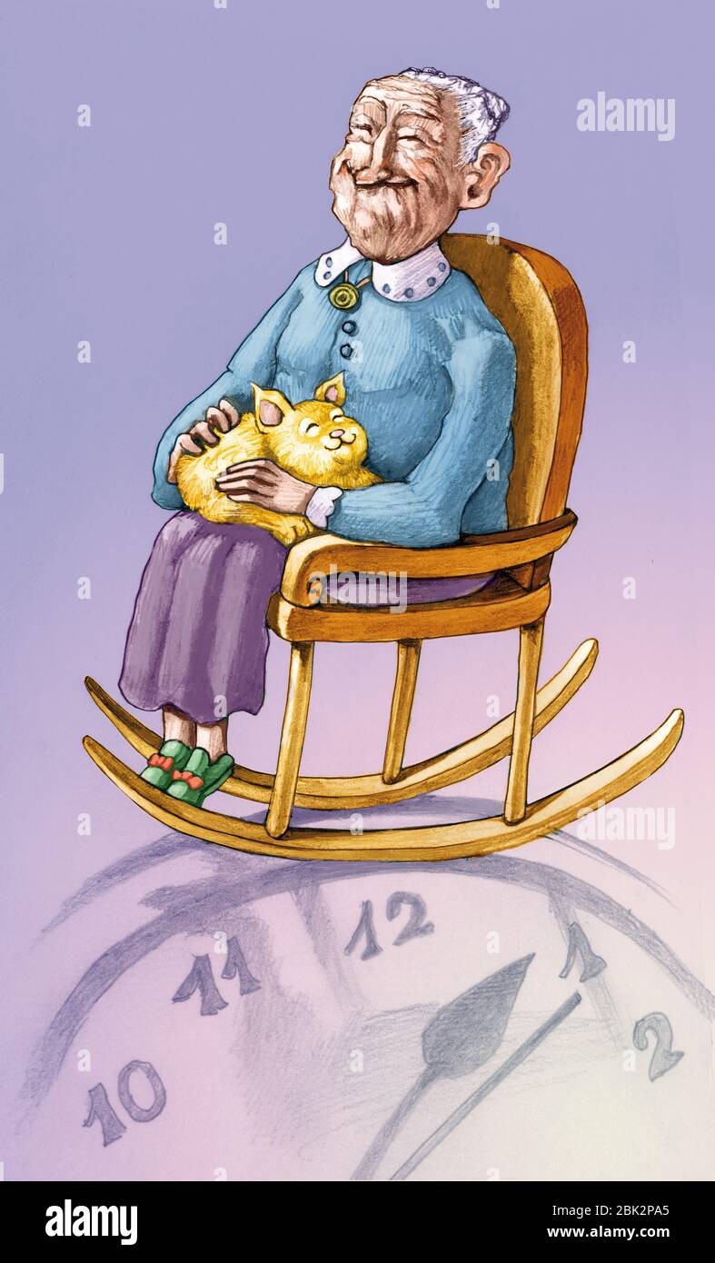 elderly woman on rocking chair with cat her shadow forms a metaphor clock of time in old age Stock Photo