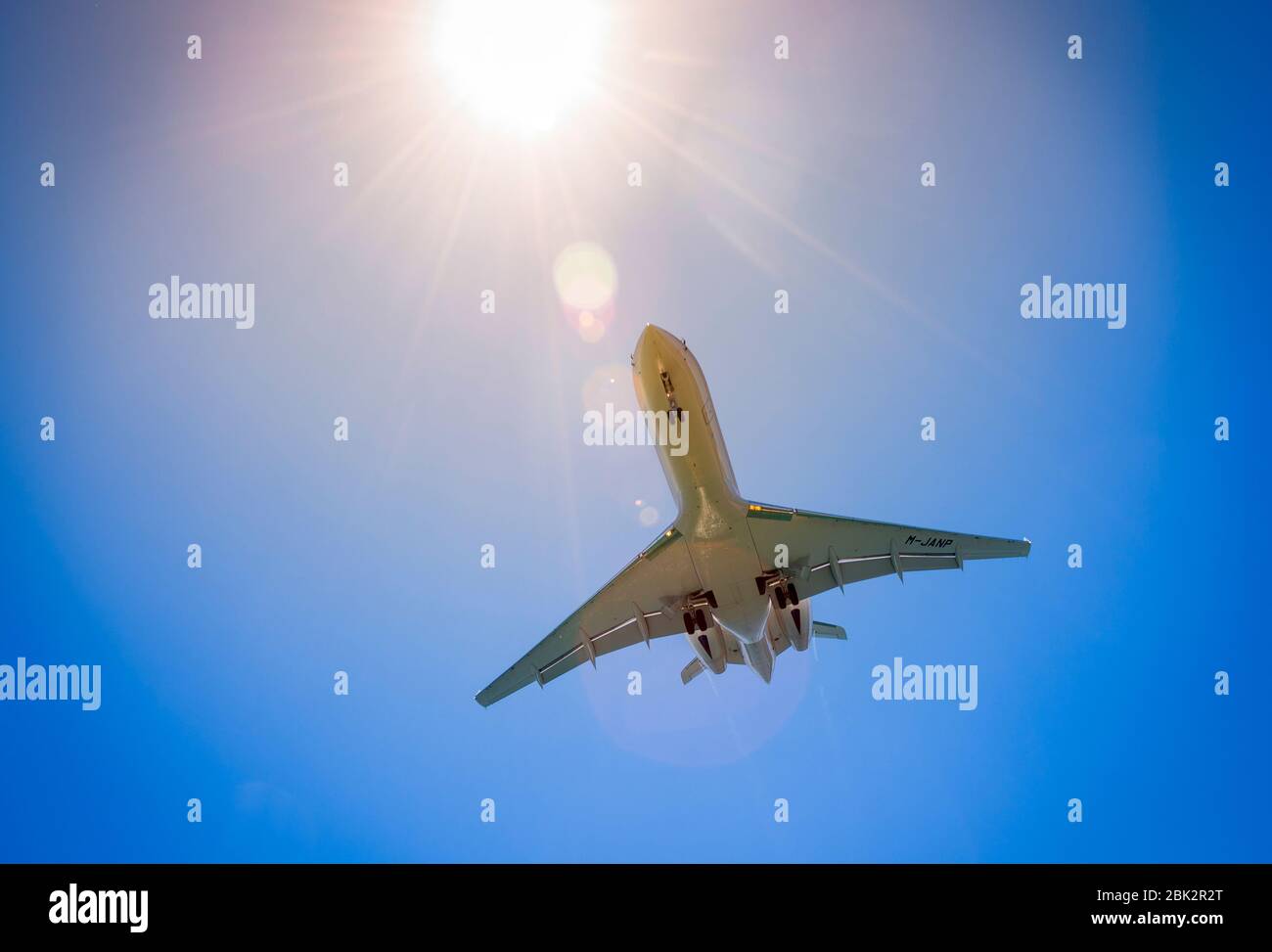 Aeroplane coming in to land at Corfu International Airport. Stock Photo