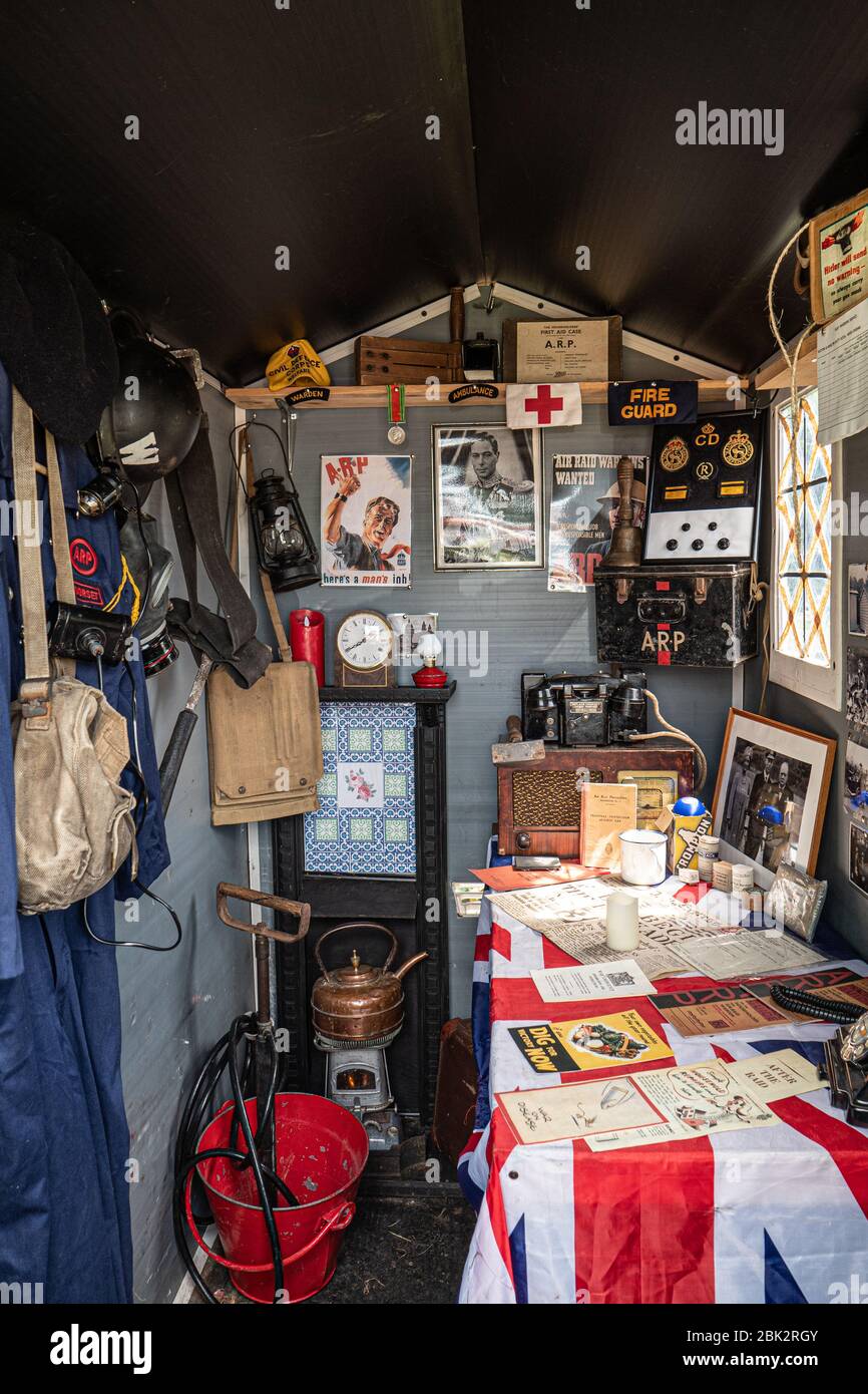 Mock up of an Air Raid Wardens shed from World War 2 which was set up at a vintage nostalgia festival, England UK. Stock Photo