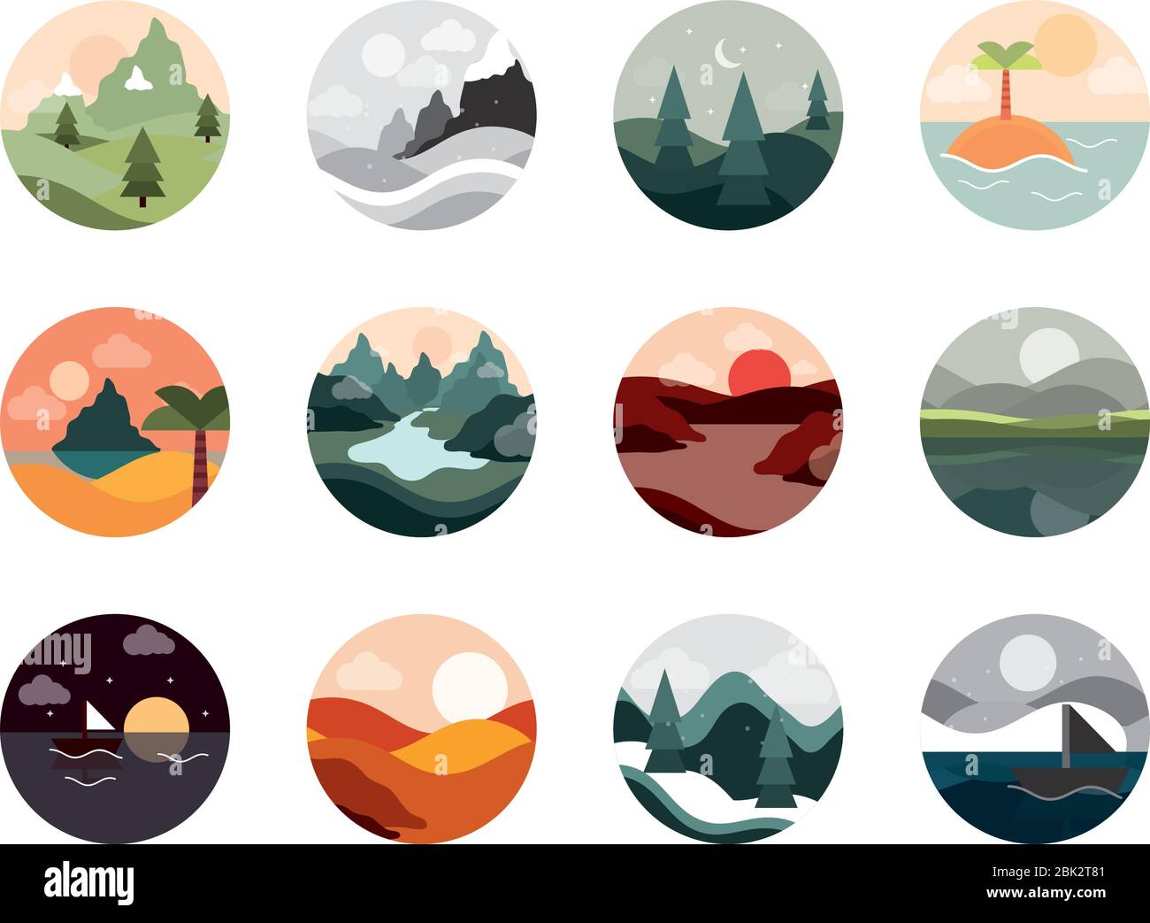 Download Landscape Nature Mountains Ocean And Forest In Circle Icons Set Vector Illustration Flat Style Icon Stock Vector Image Art Alamy