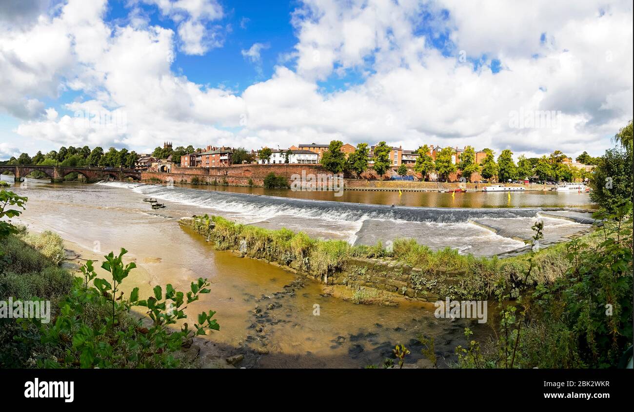 PANORAMA, Chester city, River Dee, weir,  sunny, Cheshire, England, UK Stock Photo