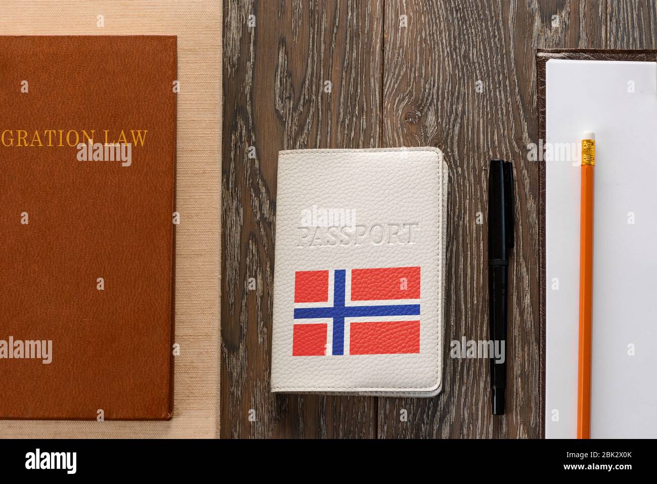 Norwegian passport, law book, application form and pen Stock Photo
