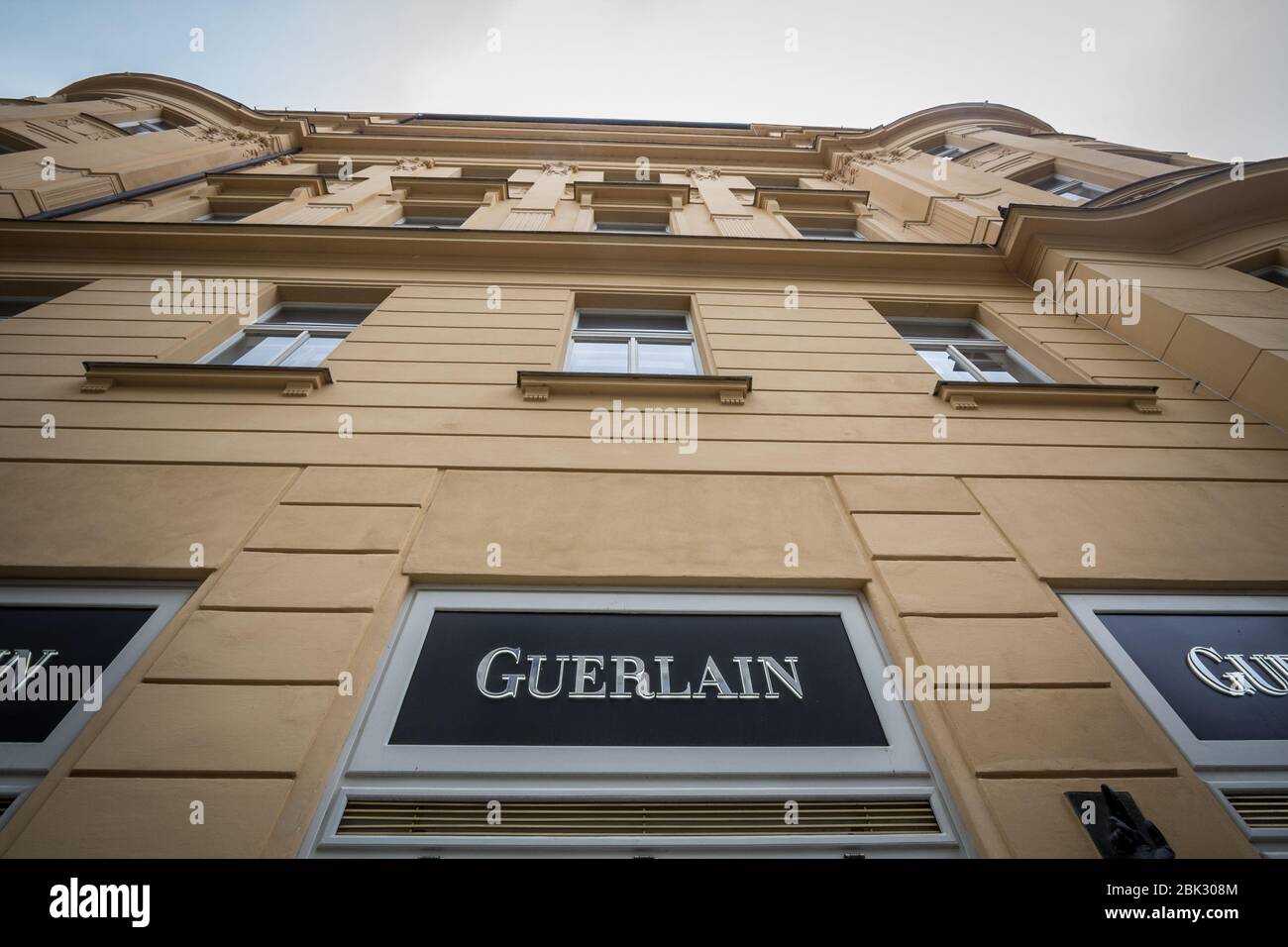 PRAGUE, CZECHIA - NOVEMBER 3, 2019: Guerlain logo on their boutique in Prague. Guerlain is a French house specialized in luxury frangrances, perfumes Stock Photo