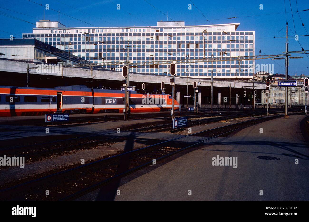 Main station, main postoffice building, TGV-train, Lausanne, Canton of Vaud, Switzerland Stock Photo