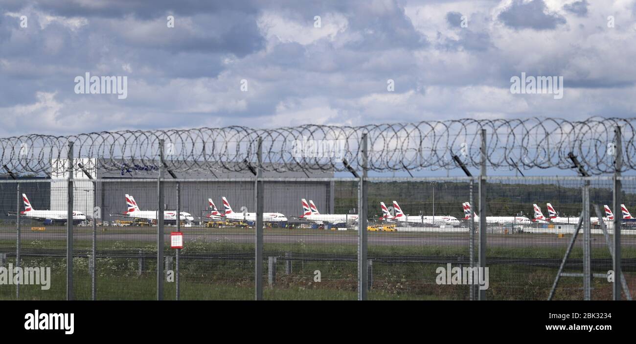 British Airways planes parked at Gatwick Airport as the UK continues in lockdown to help curb the spread of the coronavirus. Stock Photo