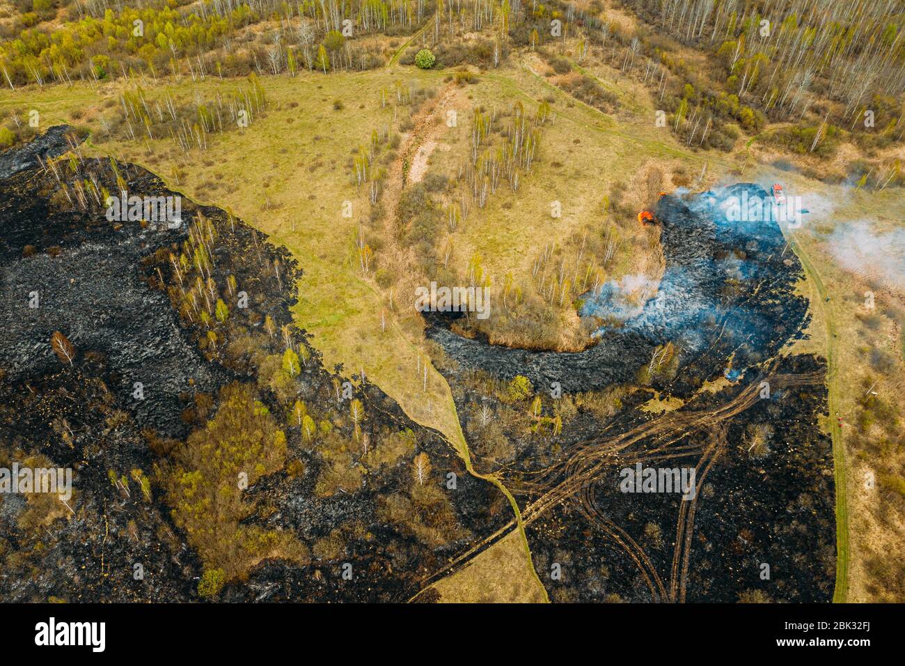 Drought Fire Aerial View. Spring Dry Grass Burns During Drought Hot Weather. Bush ...