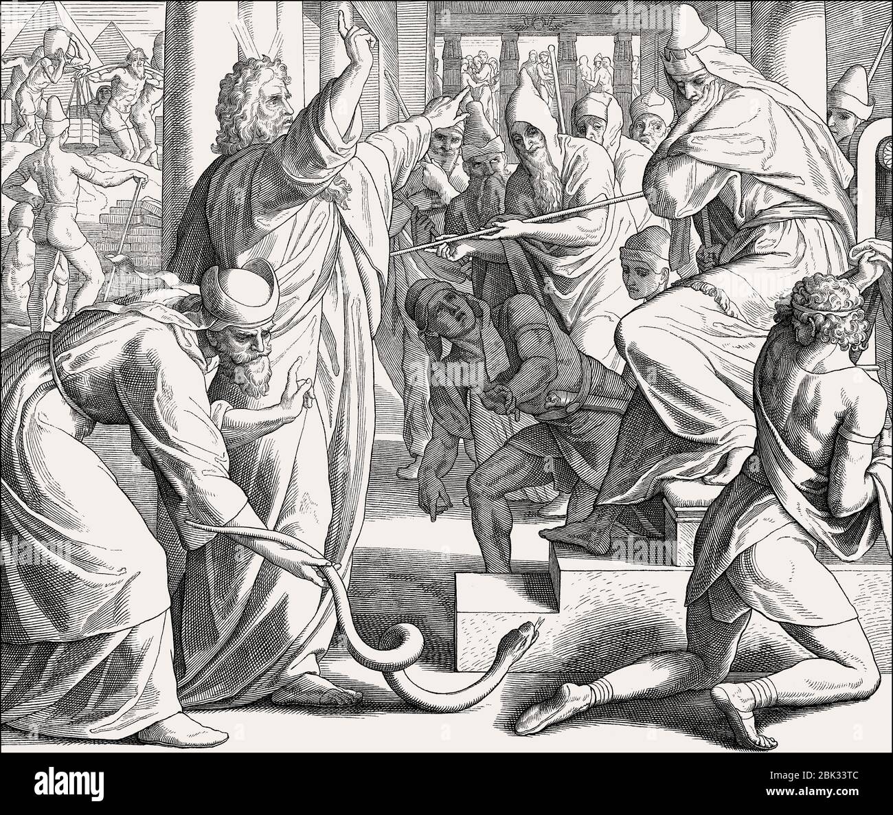 Moses and Aaron Appear before Pharaoh, Staffs to Snakes, Old Testament, by Julius Schnorr von Carolsfeld, 1860 Stock Photo