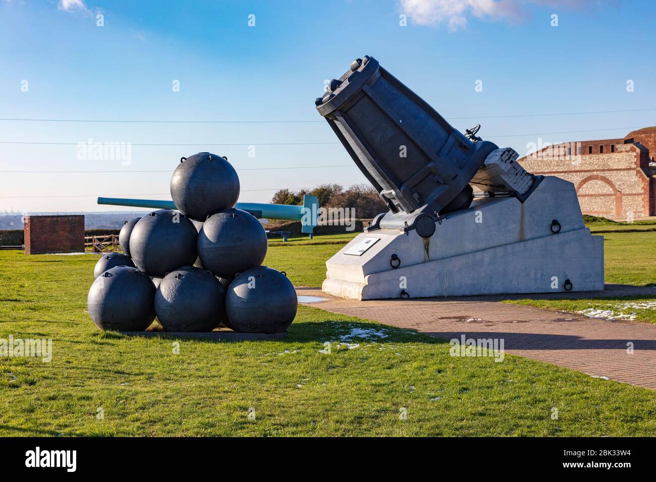 Mallet's Mortar and Canon Balls on display at Fort Nelson on a clear