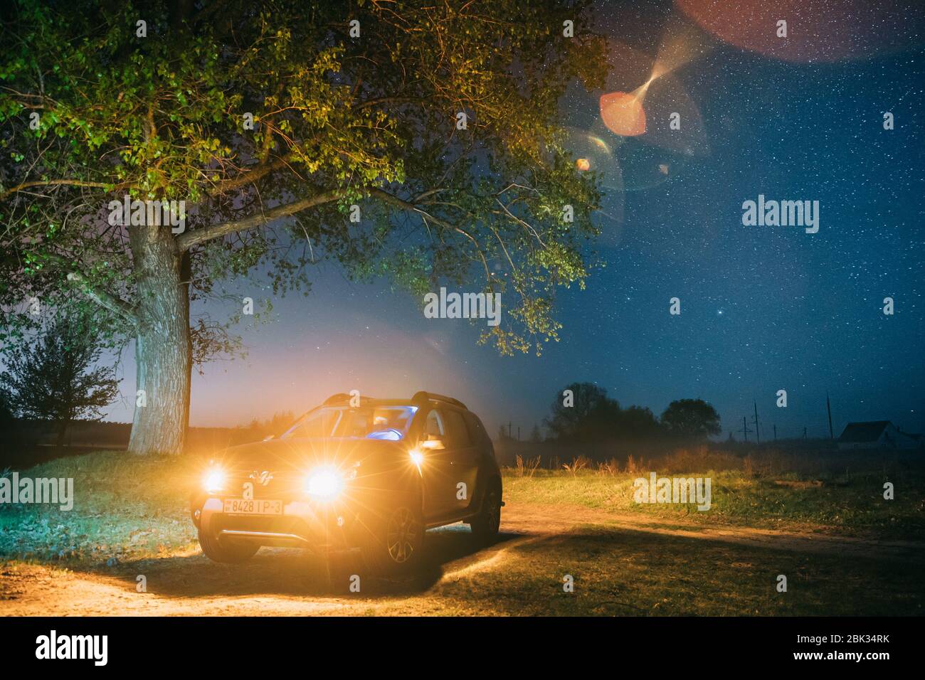 Gomel, Belarus - May 1, 2019: Night Starry Sky Above Car Renault Duster ...