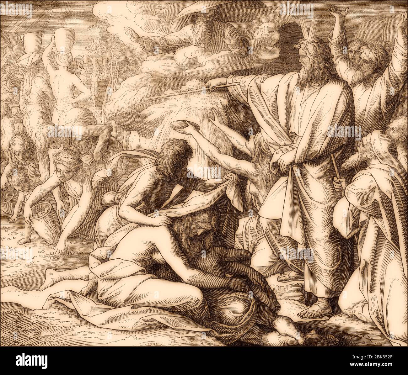 Manna and Water from the Rock, Old Testament, by Julius Schnorr von Carolsfeld, 1860 Stock Photo