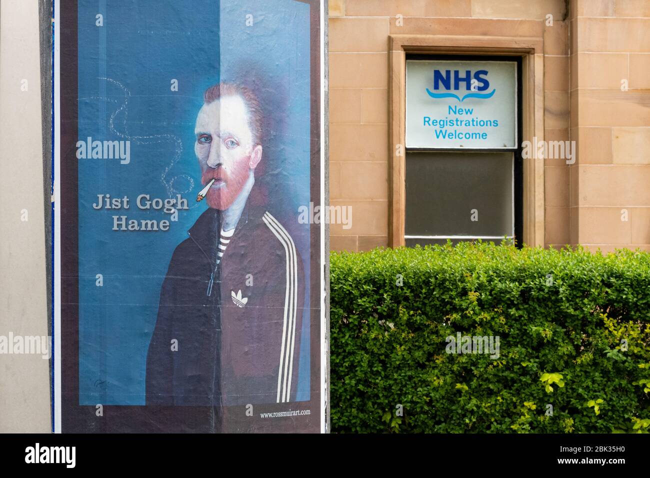 Glasgow, Scotland, UK. 1st May, 2020. Coronavirus lockdown in Glasgow's West End. 'Jist Gogh Hame' 'lockdown art' poster by Giffnock artist Ross Muir. The posters of the artist Vincent Van Gogh wearing an Adidas tracksuit are displayed across the city Credit: Kay Roxby/Alamy Live News Stock Photo