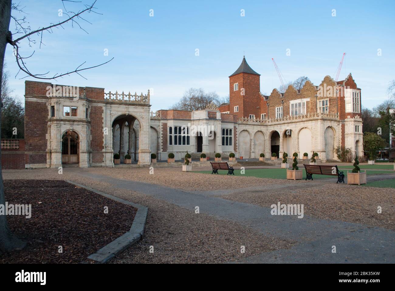 Jacobean Architecture Ruins Old Country House Holland Park Red Brick Stone Palace Holland House, Kensington, London W8 7QU by John Thorpe Stock Photo