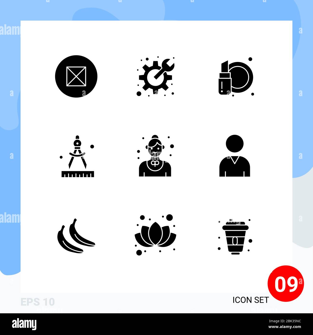 User Interface Pack of 9 Basic Solid Glyphs of service, employee, cosmetic, catering, art Editable Vector Design Elements Stock Vector