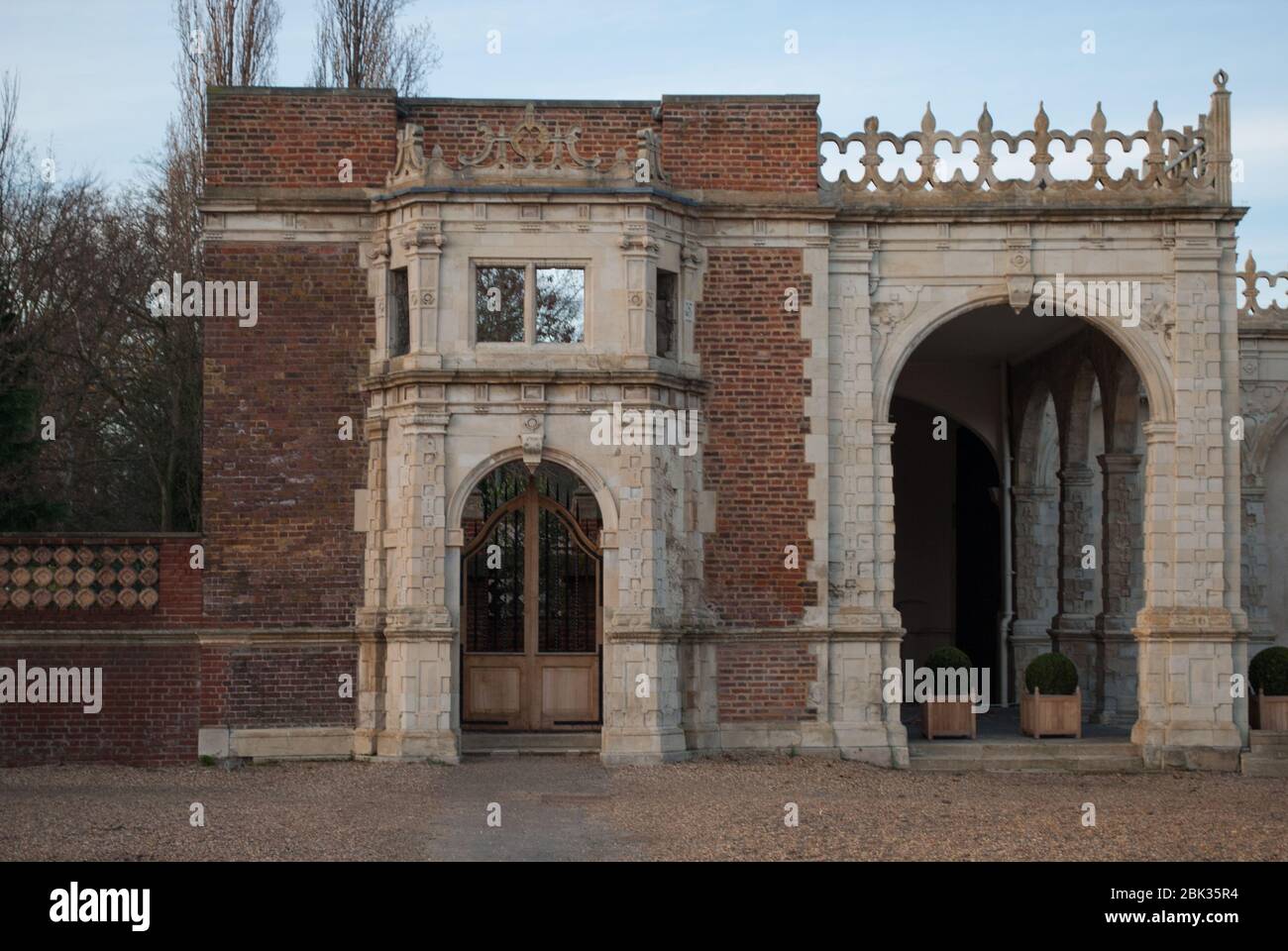 Jacobean Architecture Ruins Old Country House Holland Park Red Brick Stone Palace Holland House, Kensington, London W8 7QU by John Thorpe Stock Photo