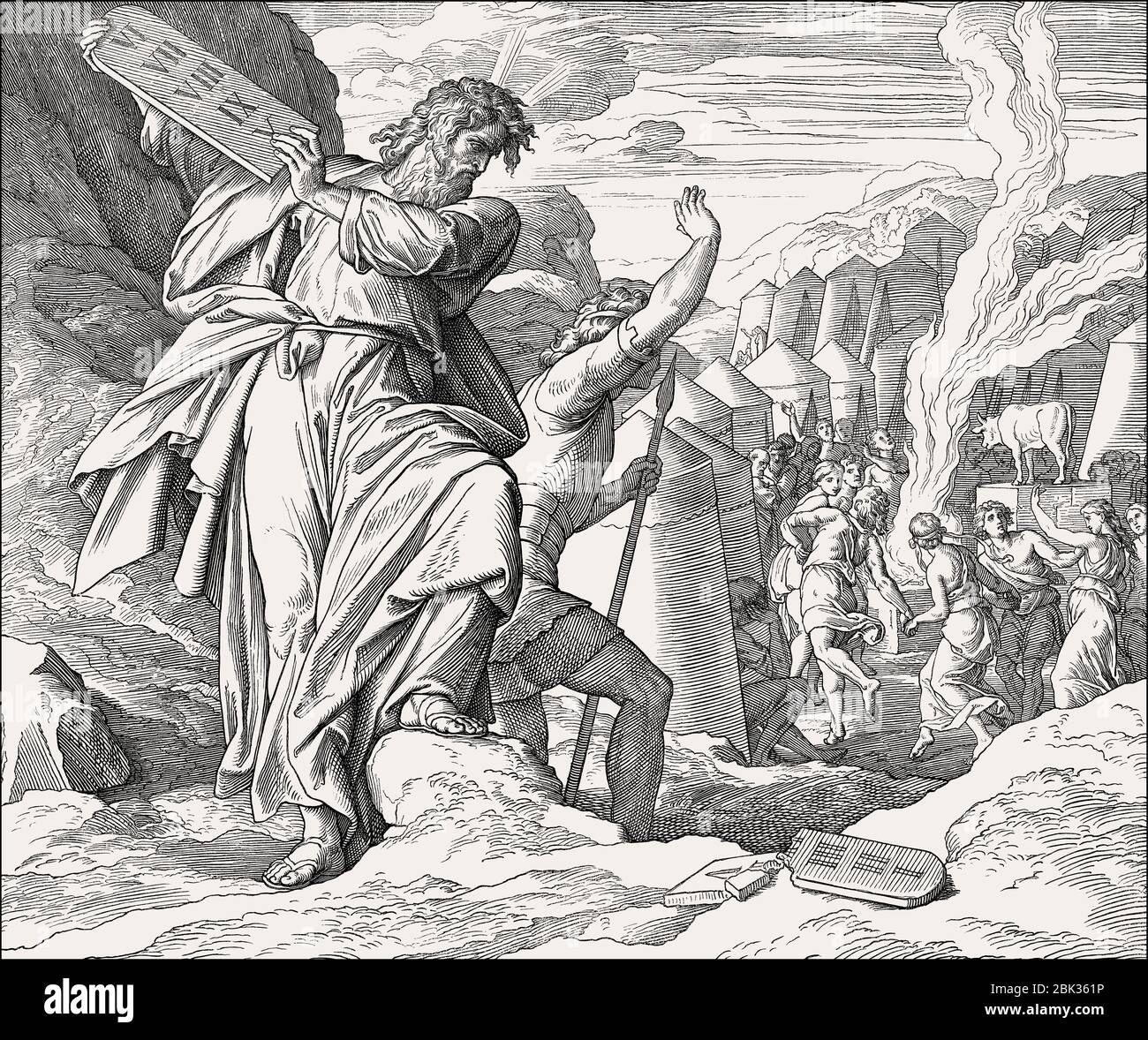 Moses destroying the tables, Golden Calf, Old Testament, by Julius Schnorr von Carolsfeld, 1860 Stock Photo