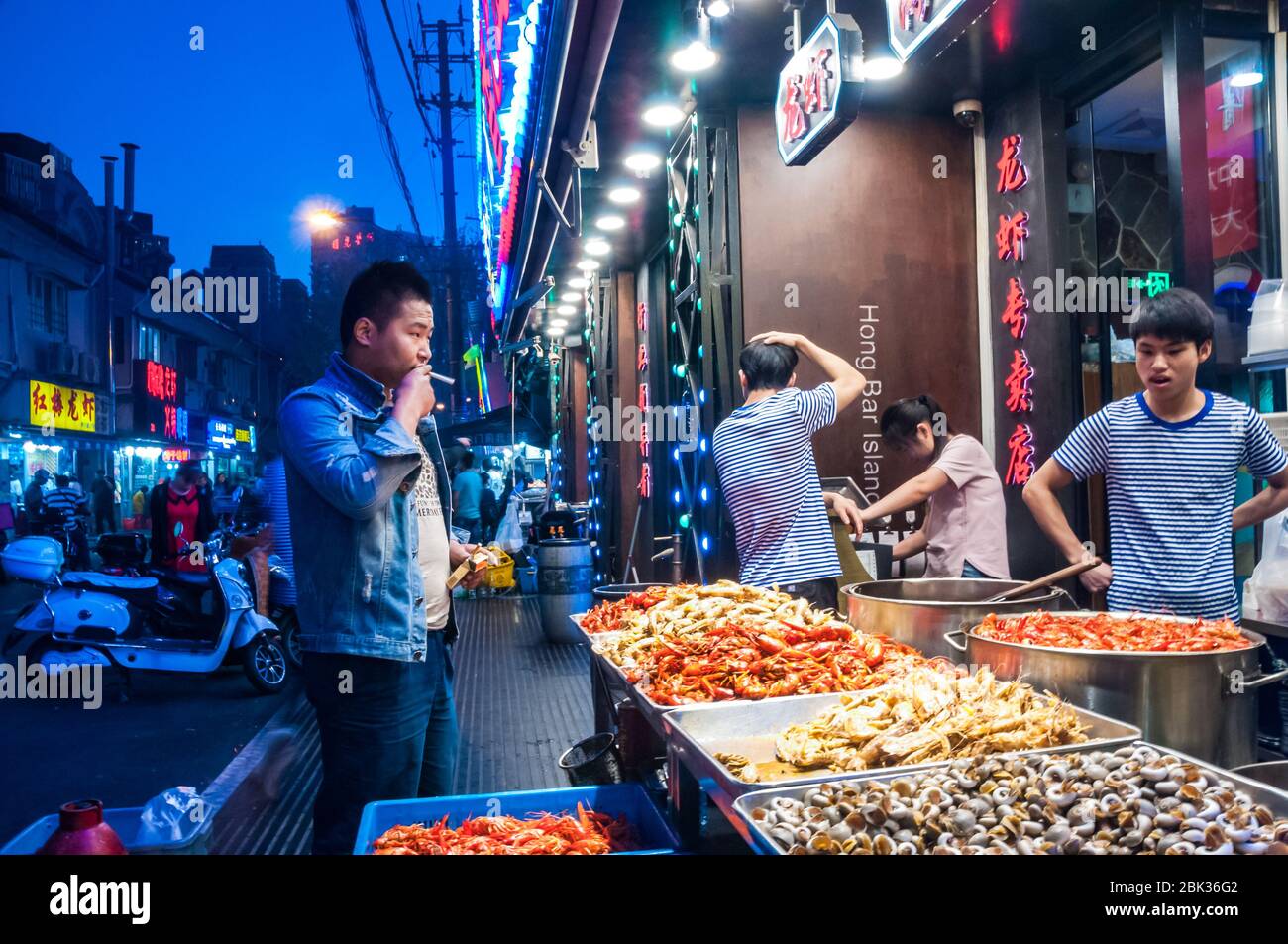 Crayfish (yabbies) along with seafood are the main draw on Shouning Road in Shanghai. Stock Photo
