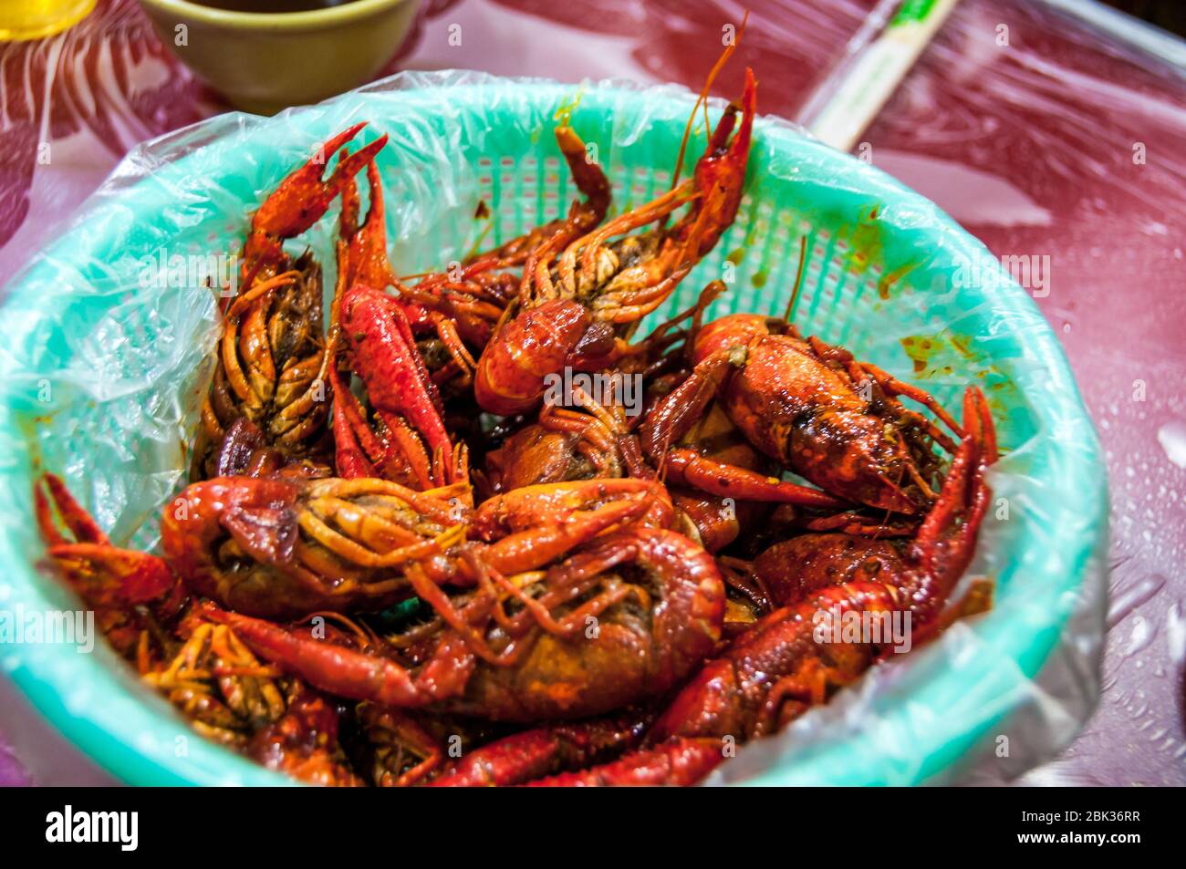 A bowl of freshly cooked crayfish (yabbies) with a mala sauce on Shanghai's Shouning Road. Stock Photo