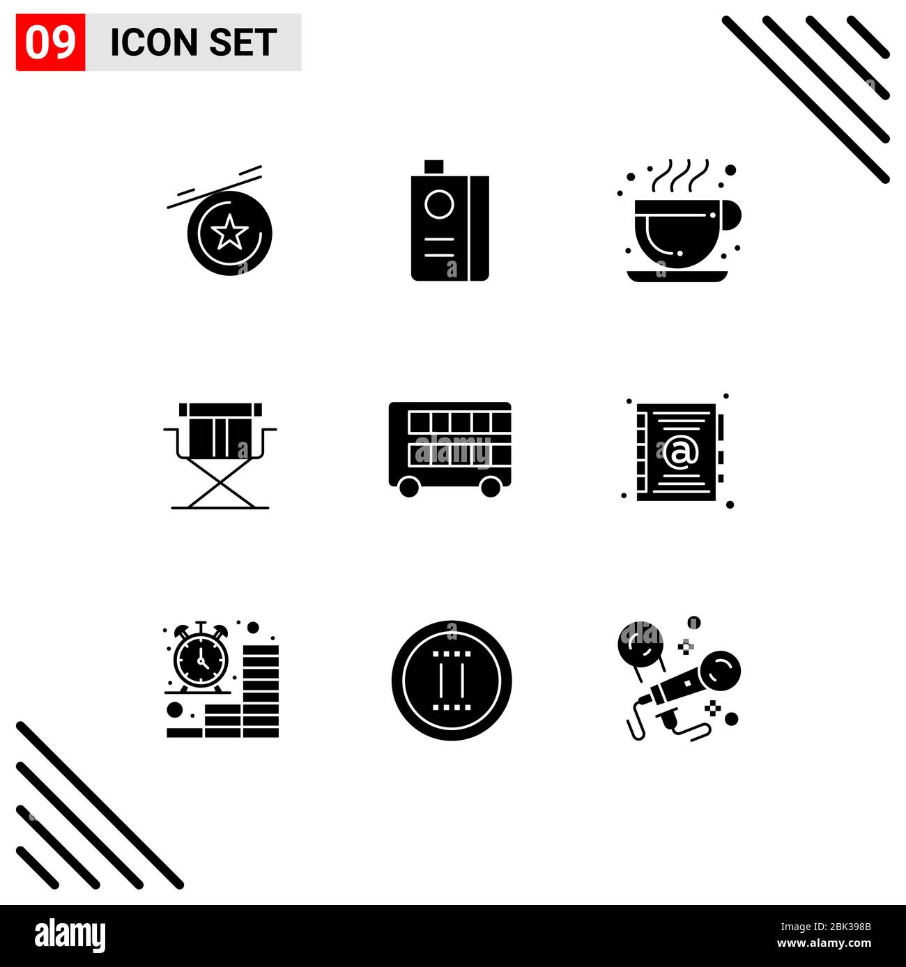 Modern Set of 9 Solid Glyphs Pictograph of london, decker, coffee, bus, directors Editable Vector Design Elements Stock Vector