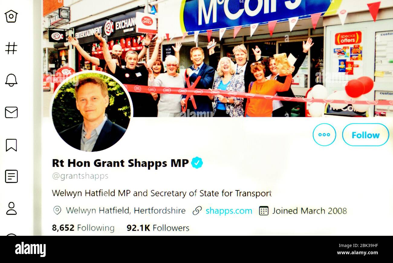 Twitter page (May 2020) : Grant Shapps, Minister for Transport Stock Photo
