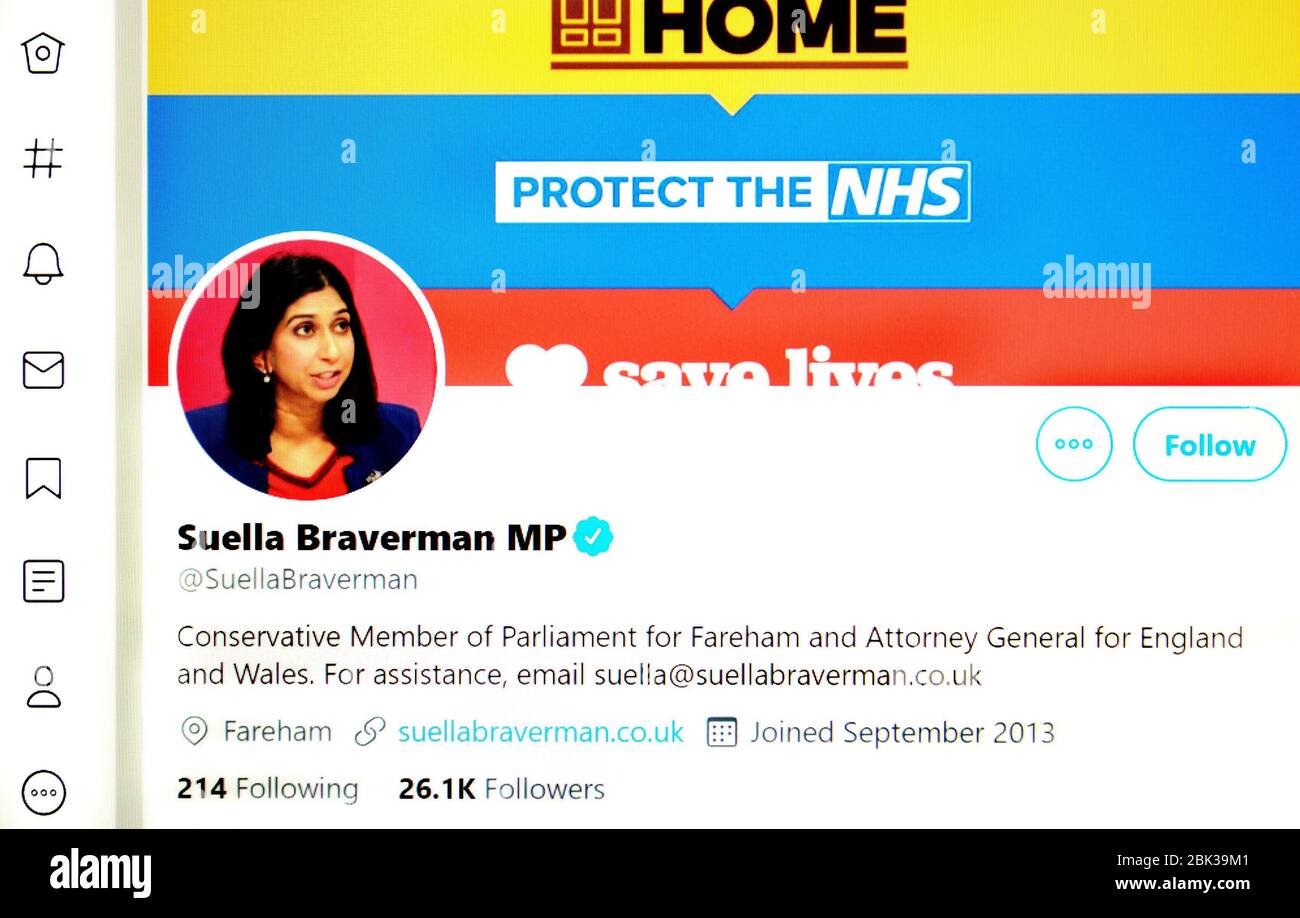 Twitter page (May 2020) : Suella Braverman MP, Attorney General Stock Photo