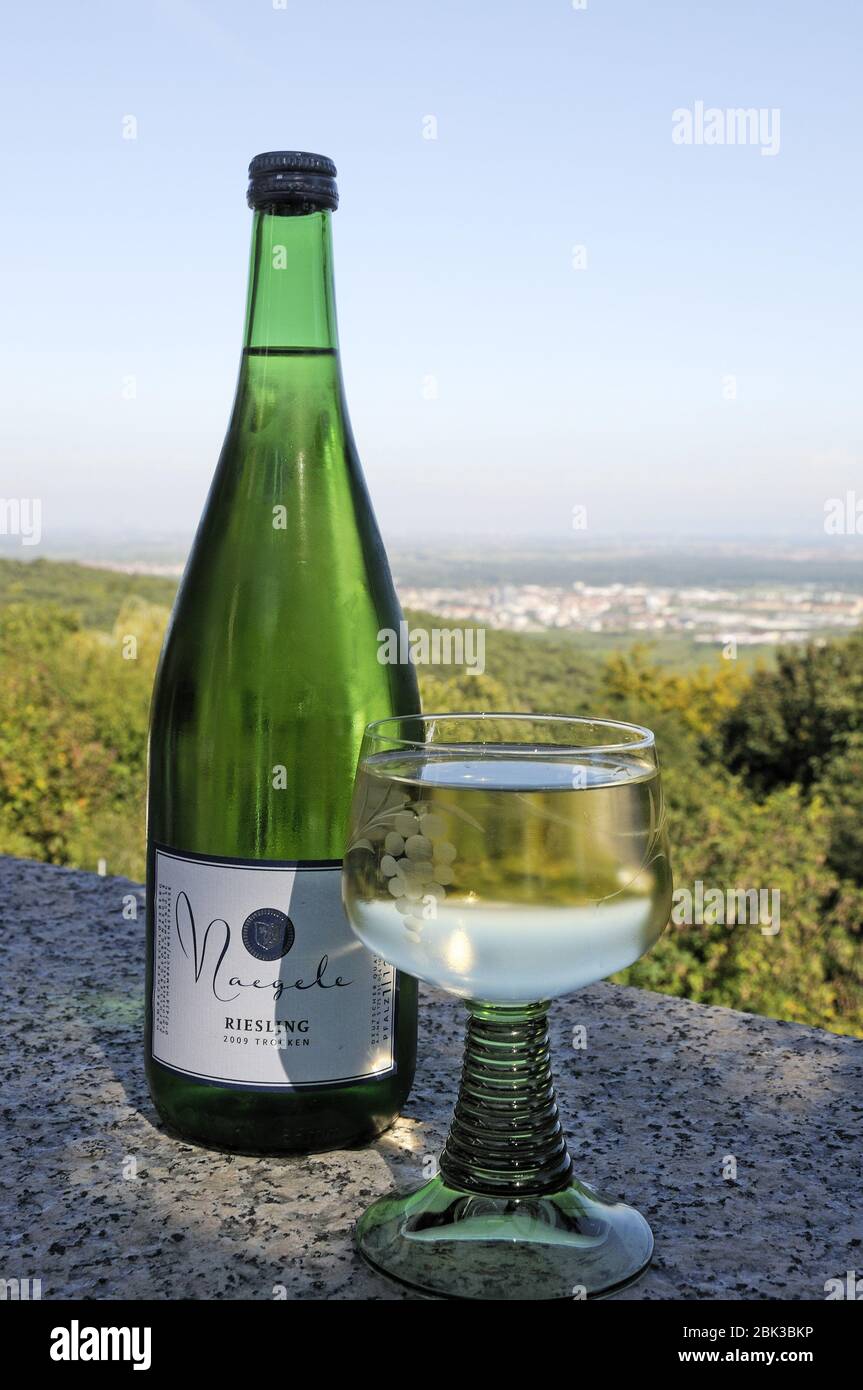 Bottle with green stemmed wine glass of  Reisling at Burgschanke Rittersberg over looking Speyein The Palatinate region Germany Stock Photo