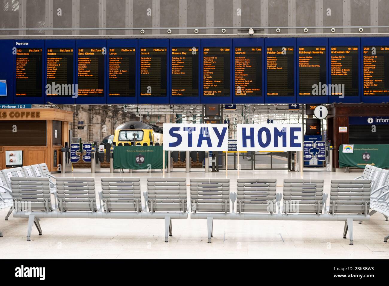 Stay Home message for travellers at Glasgow Central Station, Glasgow, Scotland, UK Stock Photo