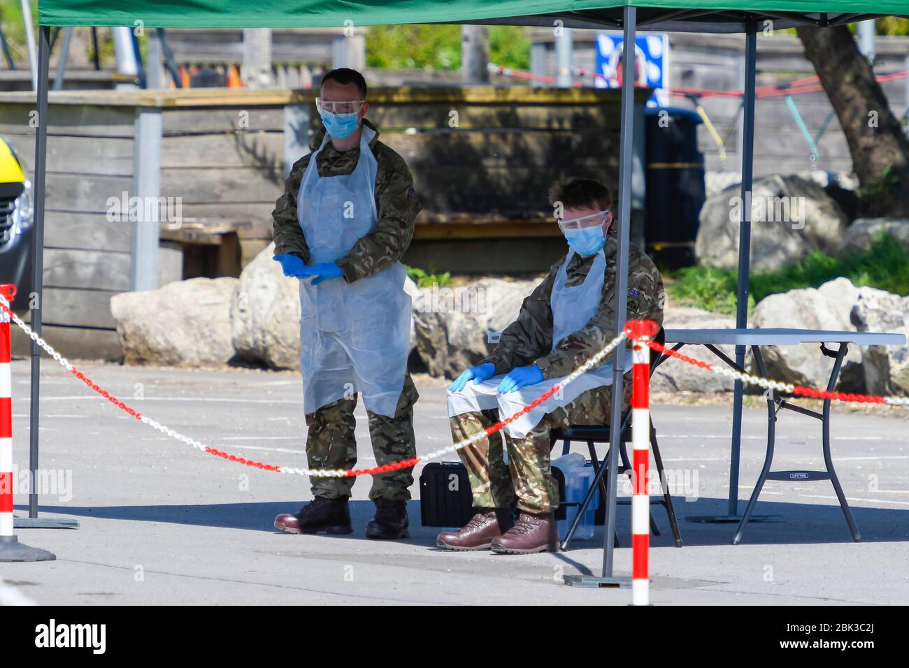West Bay, Dorset, UK.  1st May 2020. UK Weather.  A mobile coronavirus testing site run by the army at West Bay in Dorset during the coronavirus pandemic lockdown.   Picture Credit: Graham Hunt/Alamy Live News Stock Photo
