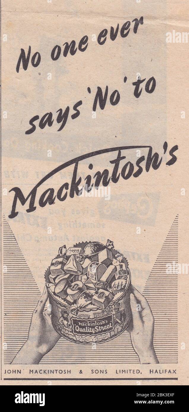 1950s newspaper advert for Mackintosh's Quality Street Chocolates.  1950s Food. Stock Photo