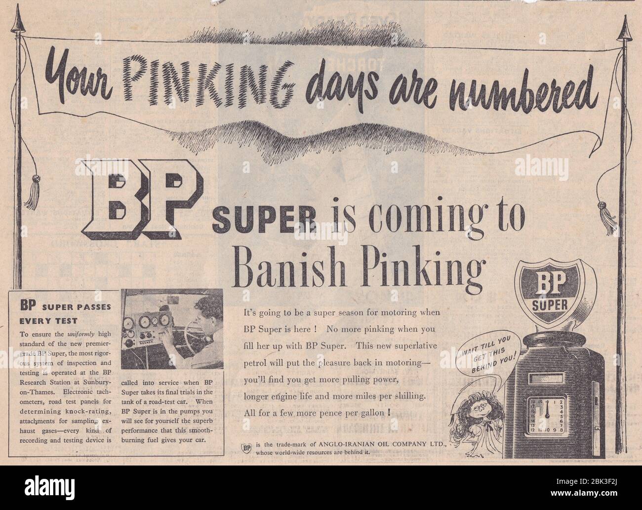 1950s newspaper advert for BP Super fuel - Your Pinking days are numbered - BP Super is coming to Banish Pinking. Stock Photo
