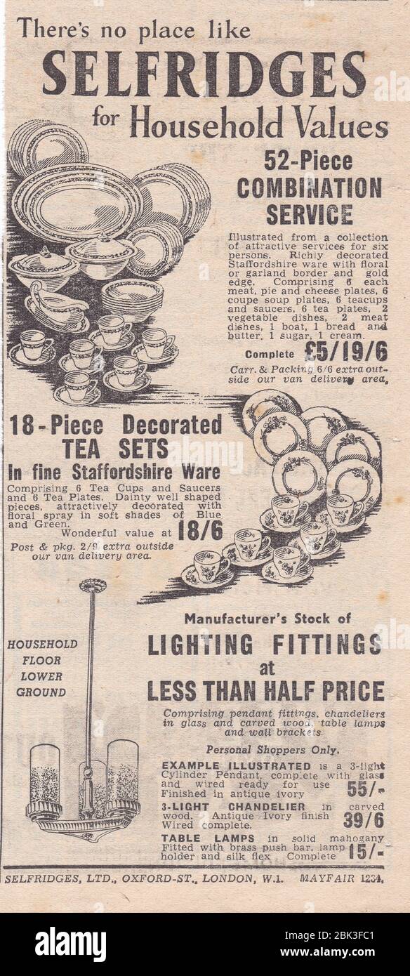 1950s newspaper advert for Selfridges - There's no place like Selfridges for Household Values.  1950s Department Store. Stock Photo