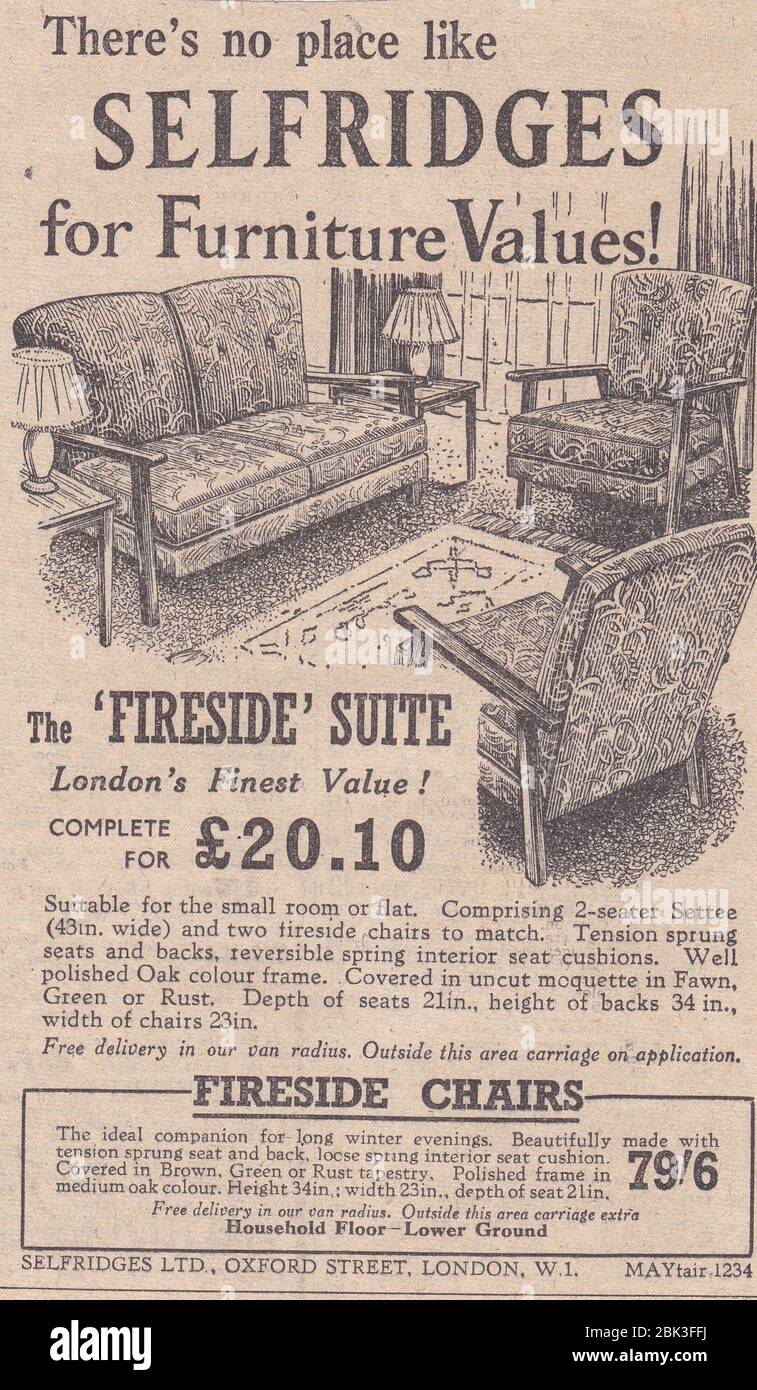 1950s newspaper advert for Selfridges - There's no place like Selfridges for Furniture Values! - The Fireside Suite.  1950s Furniture. Stock Photo