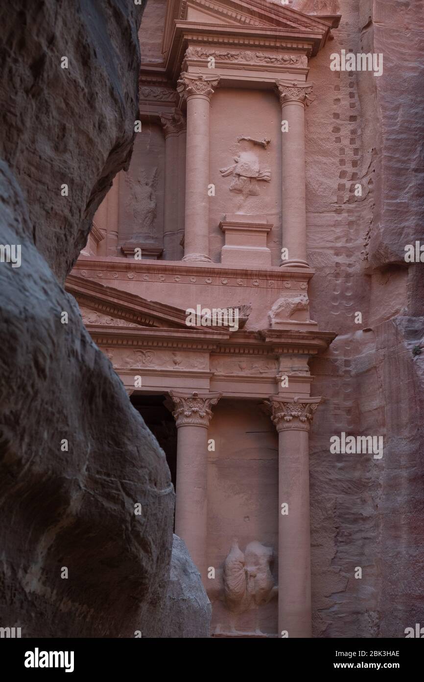 View from Siq on entrance of City of Petra, Jordan Stock Photo