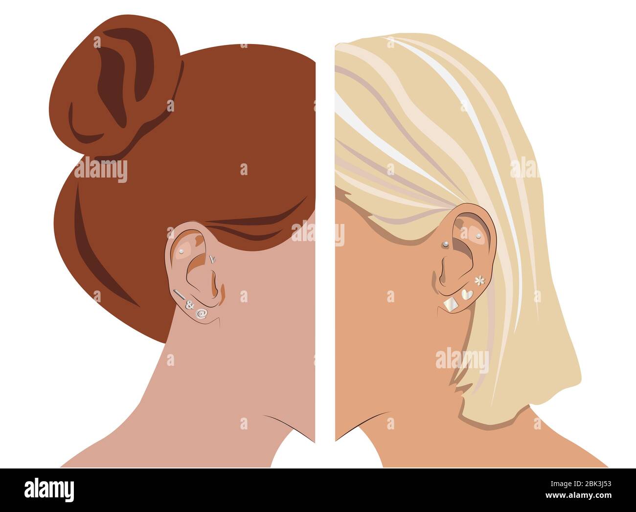 Ear piercing fashion set, blond and red hair young women Stock Photo